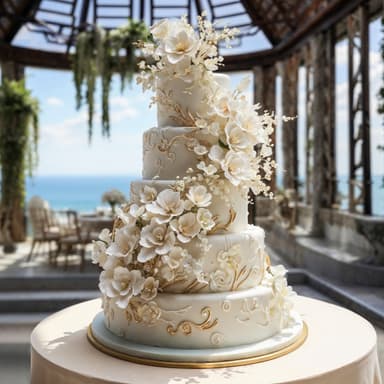 This five-tiered wedding cake is white with gold detailing & white flowers cascading down the side. It is on a white cake stand with a gold rim.