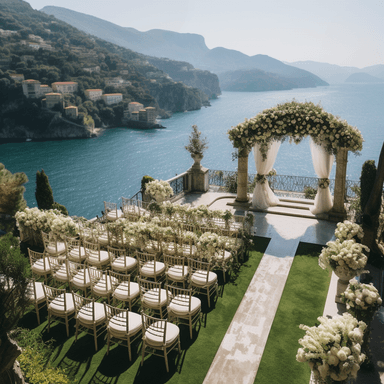 Italian beach view overlooking the coastal city & ocean with white flowers and plants decorating the seating area as well as the side going down the aisle to a romantic pillar arch connected with greenary & white flowers.